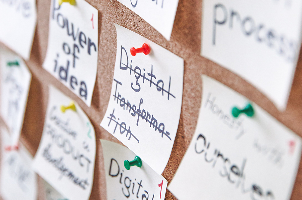 Corkboard with a list of ideas.